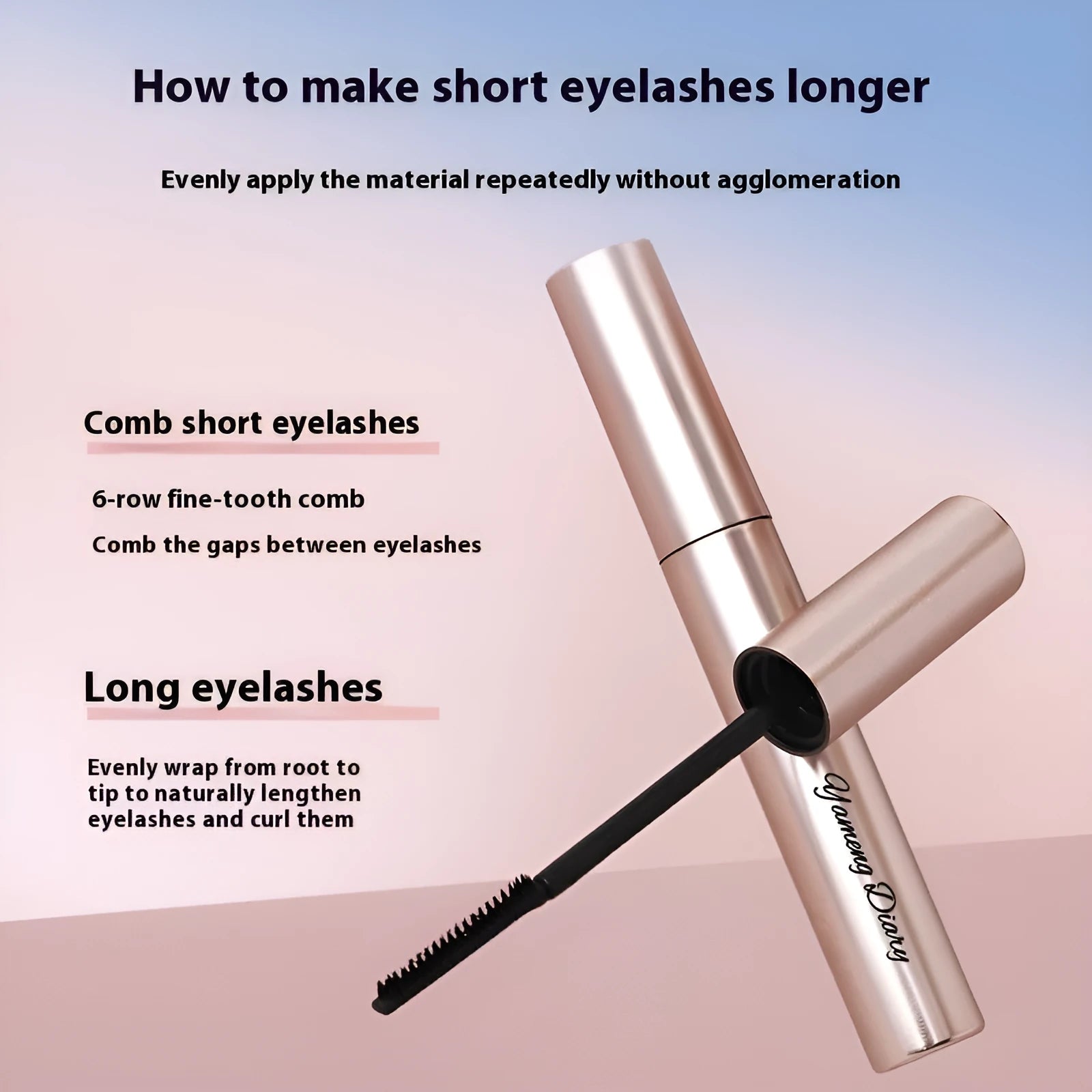 Long curling mascara tube in black and brown colour options with applicator brush