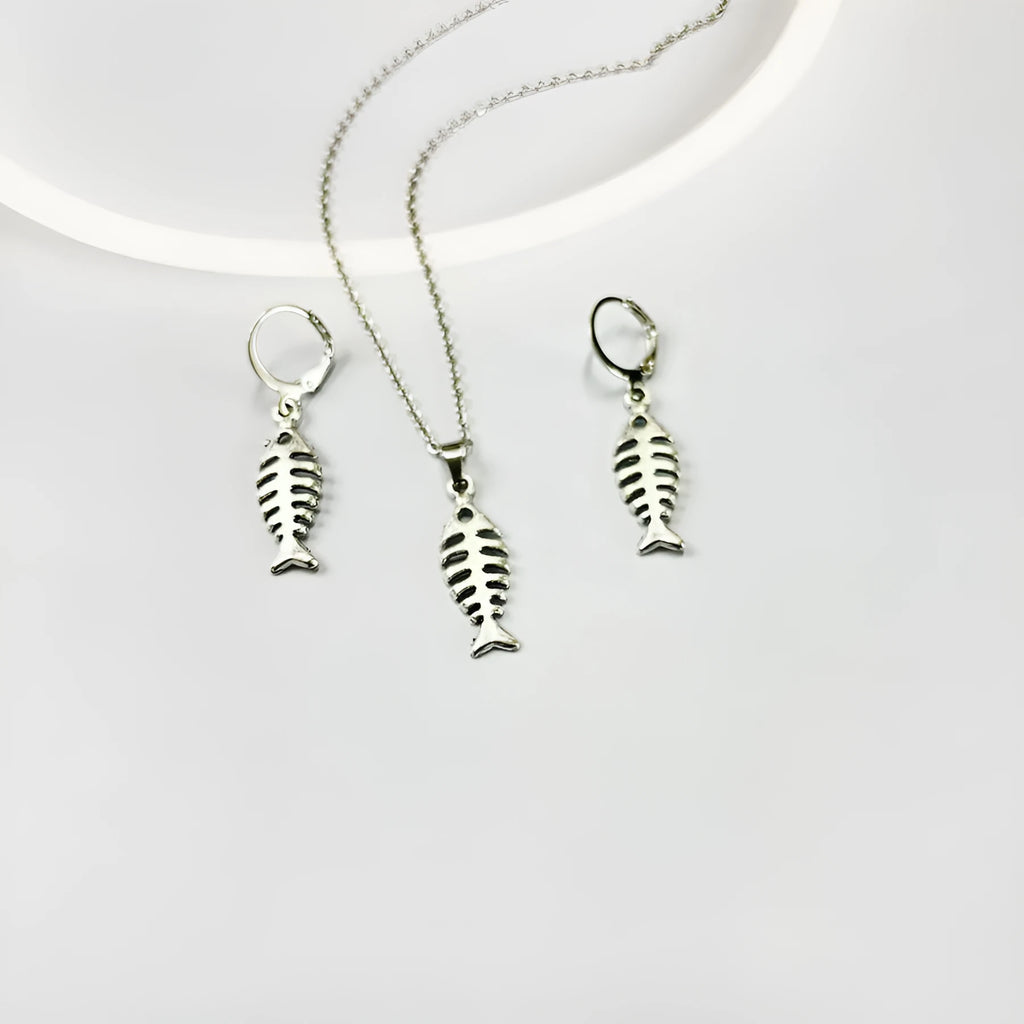 Fishbone pendant necklace and matching earrings set in retro style with adjustable chain