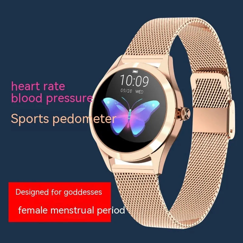 Women's multi-functional sports smartwatch showing heart rate monitoring and four colour options