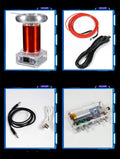 Music Tesla coil driver board with controller and cables on a workspace, showing arc discharge diagram.