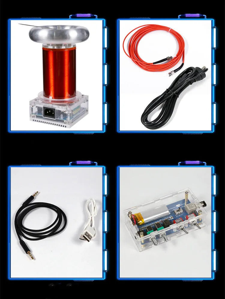 Music Tesla coil driver board with controller and cables on a workspace, showing arc discharge diagram.