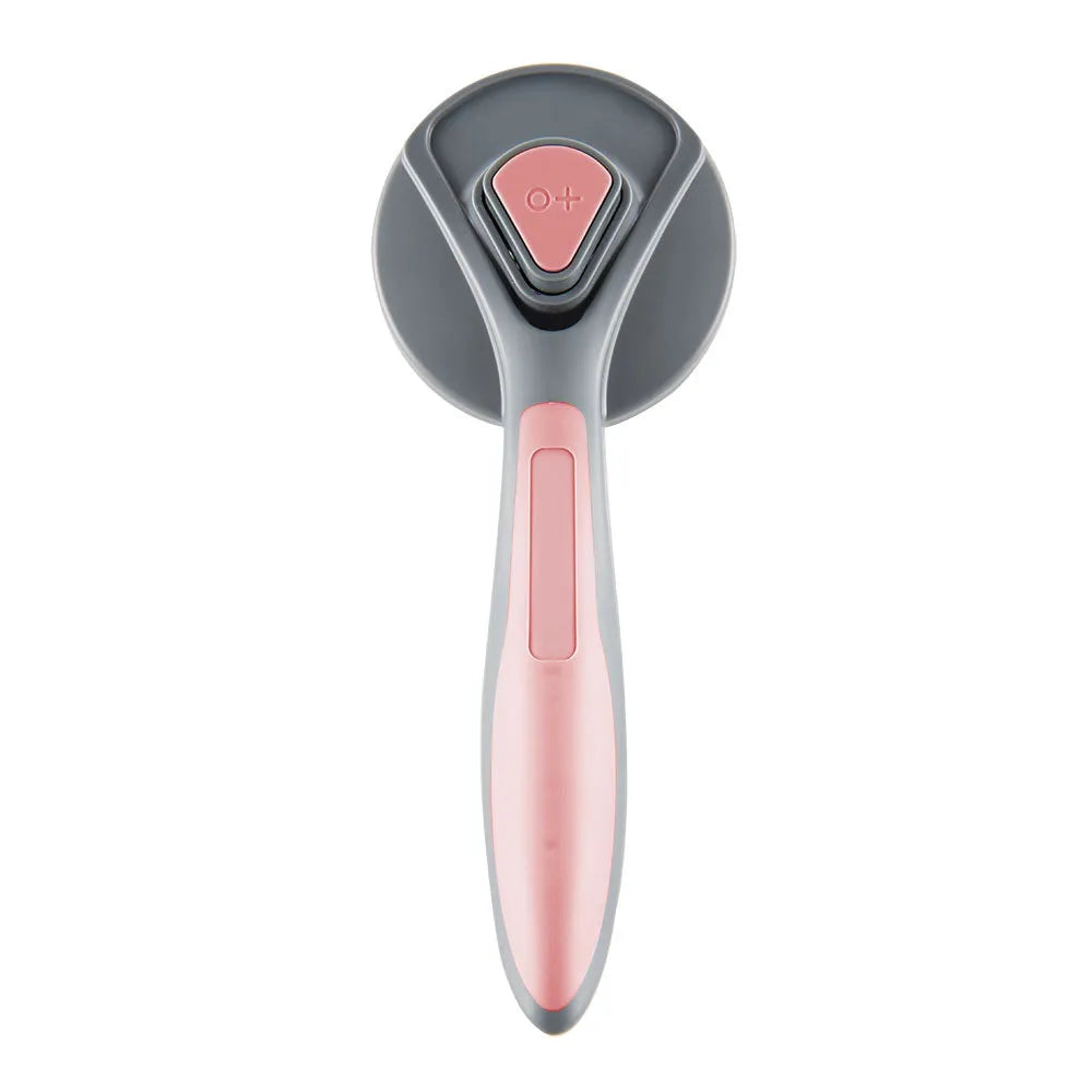 Grey self-cleaning pet slicker brush with massage-tipped bristles and a comfort-grip handle on a white background.