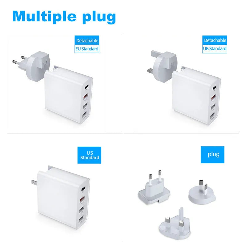 White fast charging mobile phone charger head with multiple USB ports and international plug adaptors