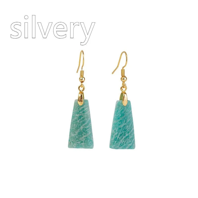 Amazonite rough stone trapezoid earrings with geometric octagon design in gold colour