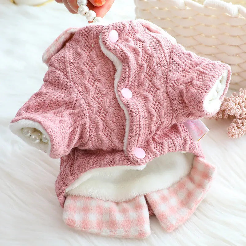 Blue and pink wool plaid dog sweater with two-piece fleece-lined design for pet warmth