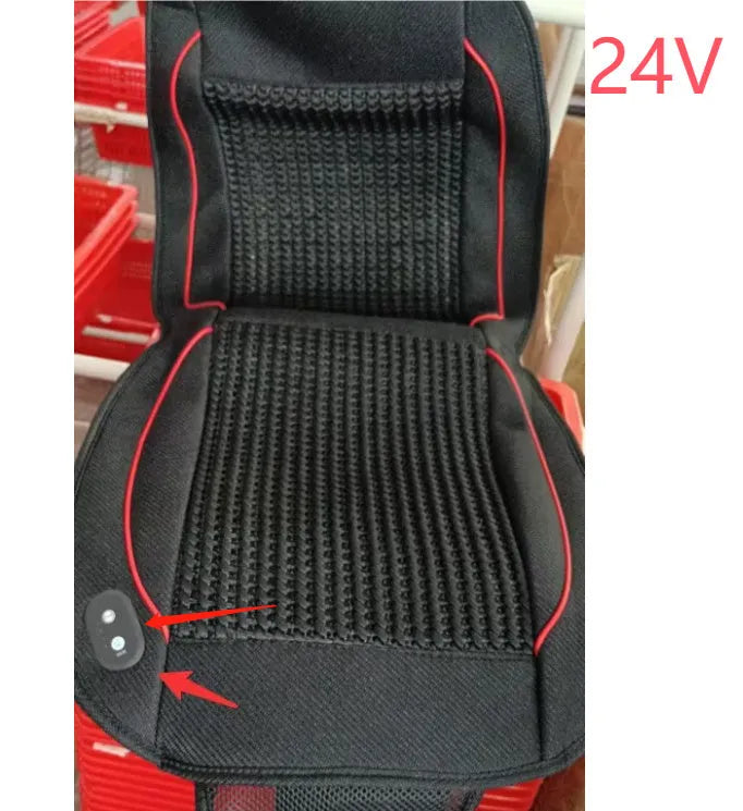 Black car ventilation seat cushion with massage function showing 60x60cm dimensions on car seat