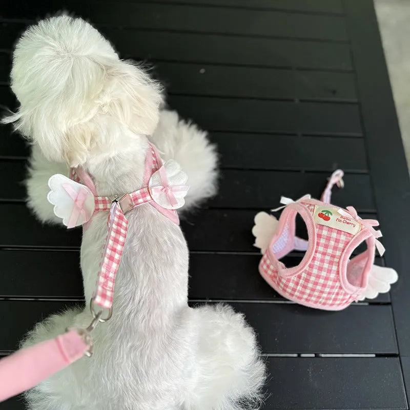 Cotton dog harness set for small dogs in pink colour with chest and back sections