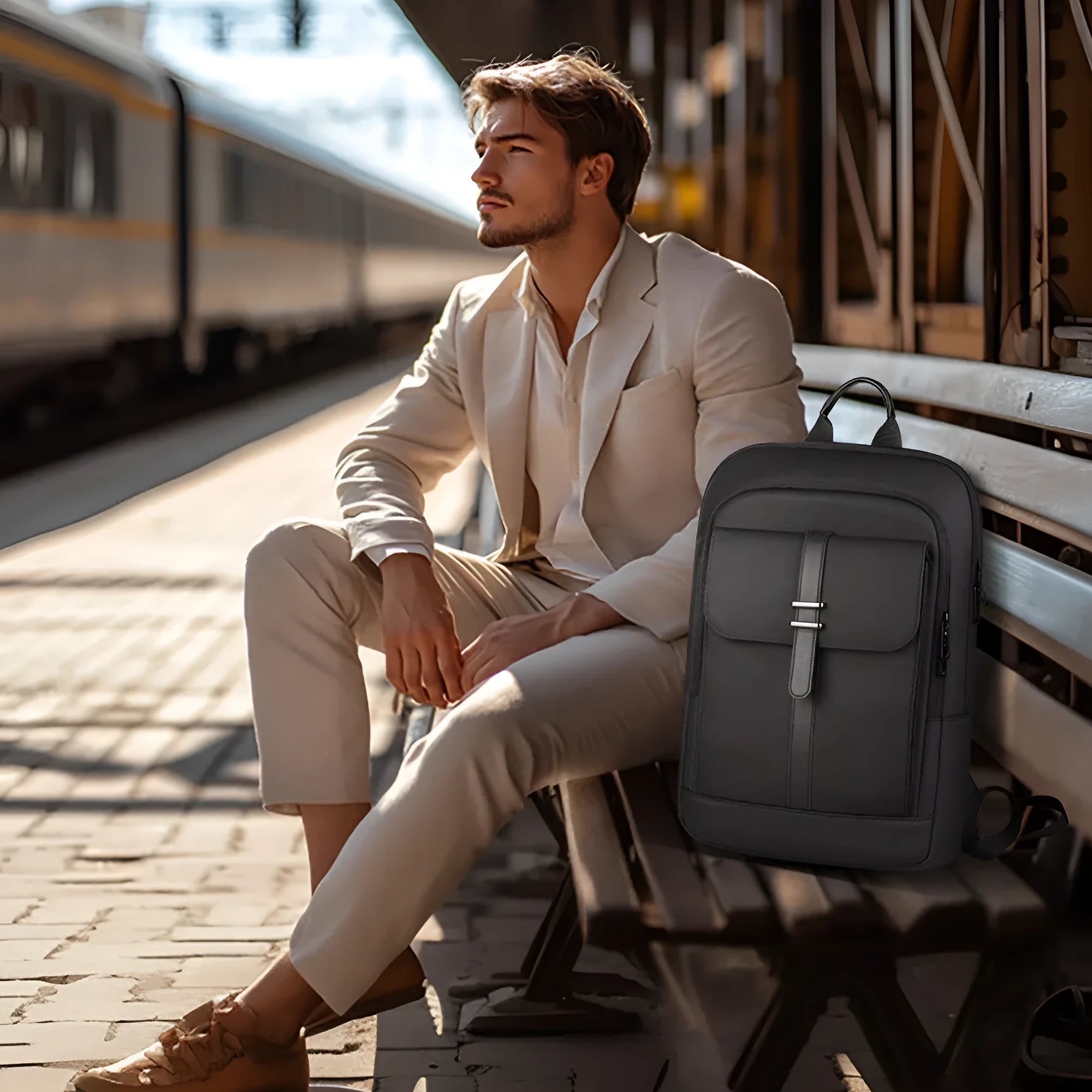 Black lightweight oxford backpack with sewing line detailing for business commutes