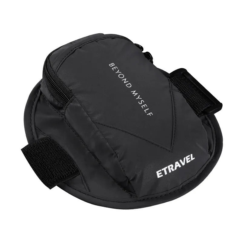 Reflective running arm bag with adjustable strap in fluorescent yellow, black, or silver grey.