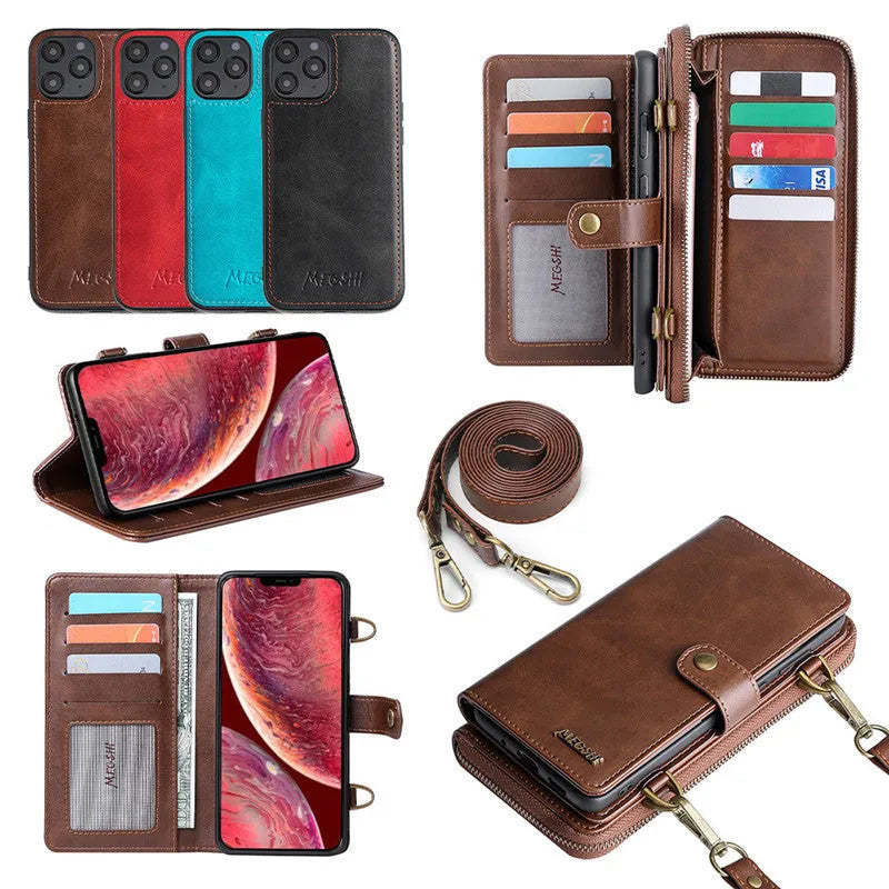 Detachable wallet backpack phone case with leather flip cover for iPhone and Samsung devices