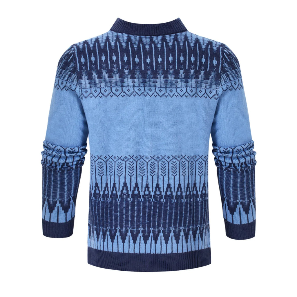 Men's soft knitted long-sleeved pullover sweater on a model, showing style variation.