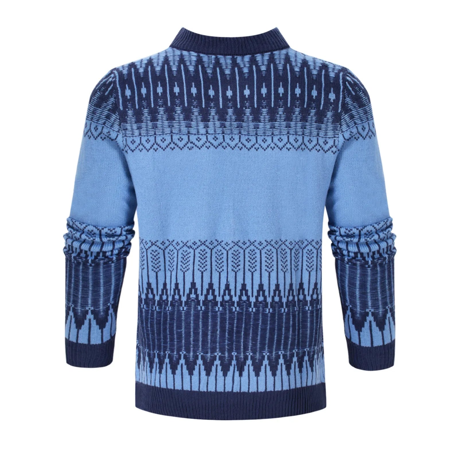 Men's soft knitted long-sleeved pullover sweater on a model, showing style variation.