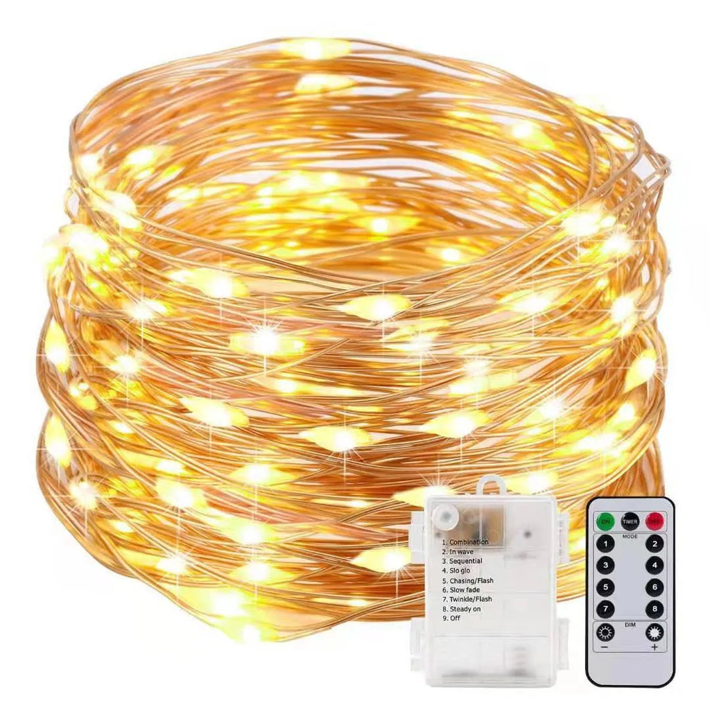 12 metre copper wire LED string lights with battery box in multiple colour options