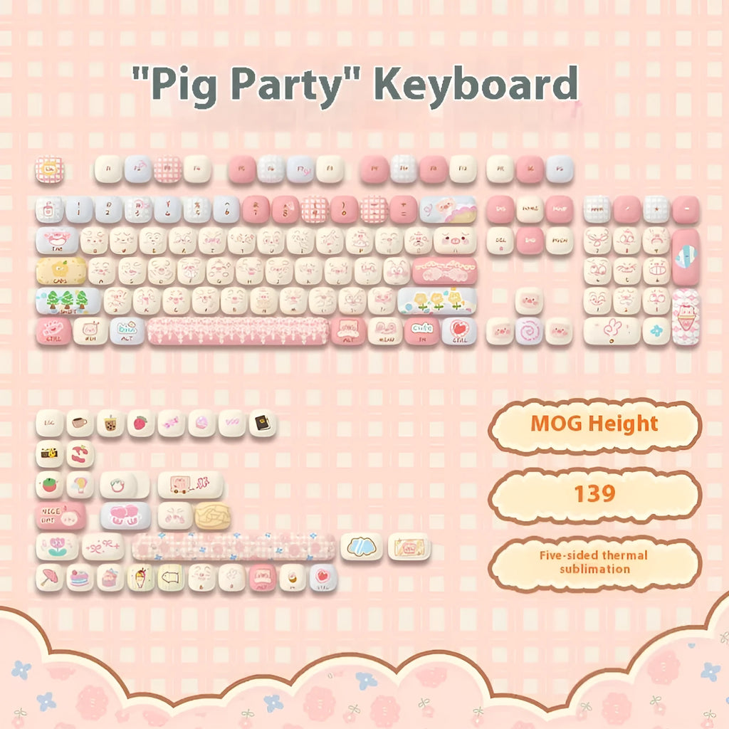 Sublimation printed cartoon pig party theme keyboard keycap set with 139 keys for mechanical keyboards