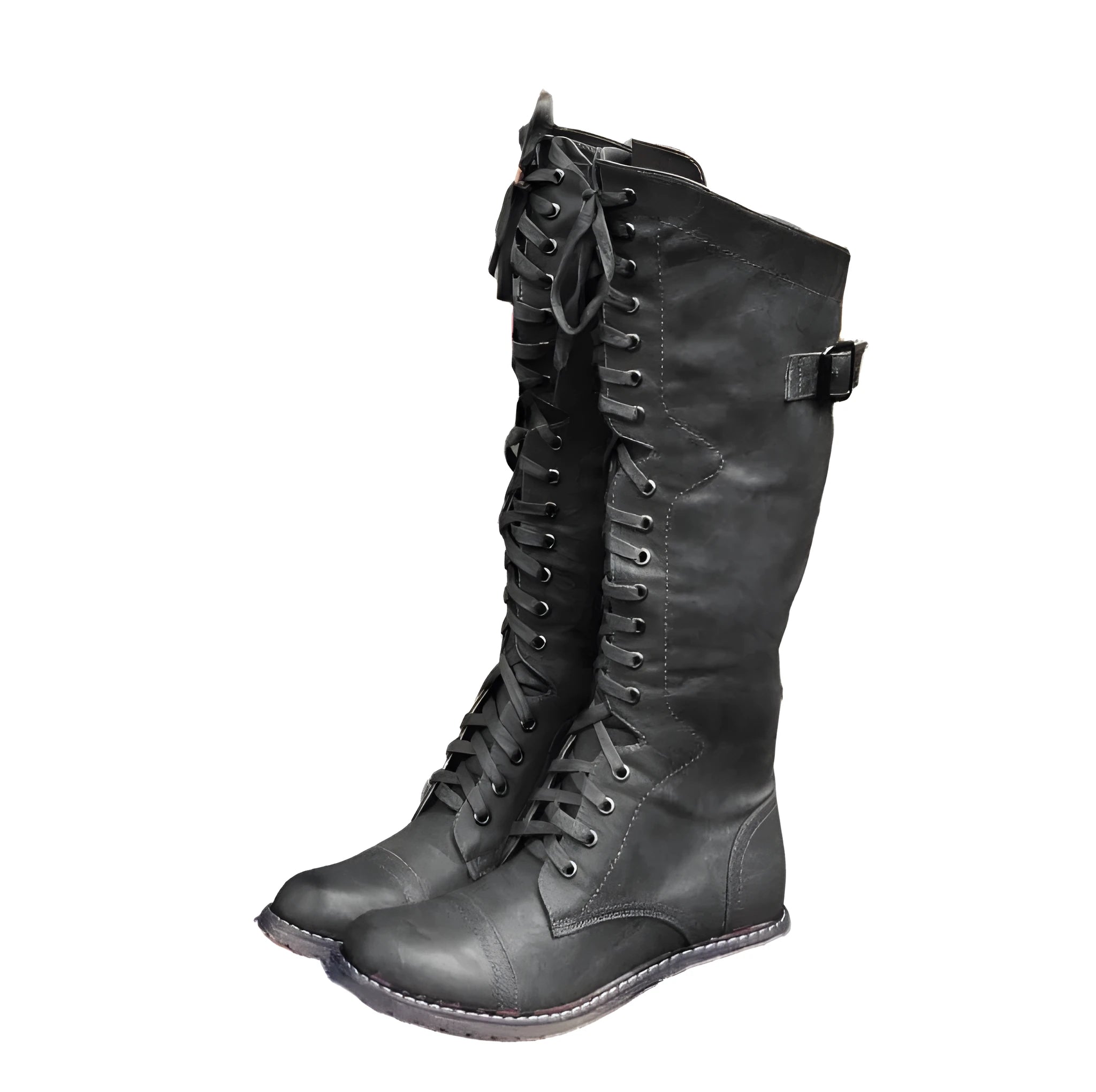 Women's black knight-style ankle boots with a cross-strap fastening across the front.