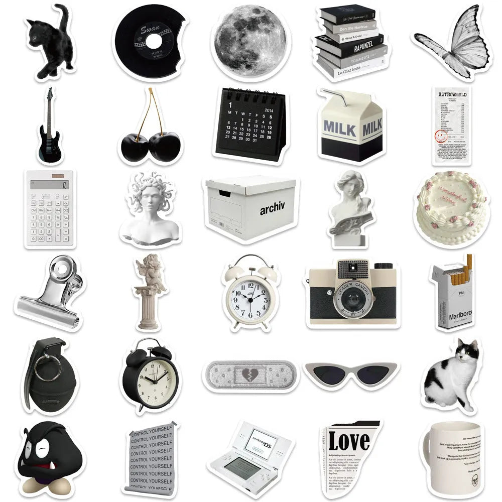 Black and white PVC waterproof sticker set with 61 painting designs for laptops and phones