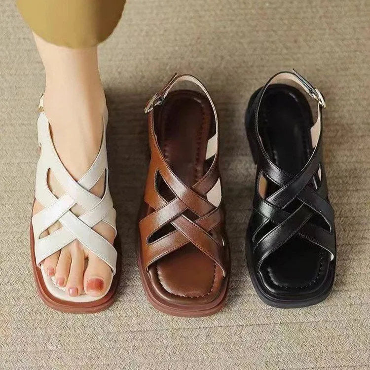 Women's patent leather square toe beach sandals with low heel and rubber soles