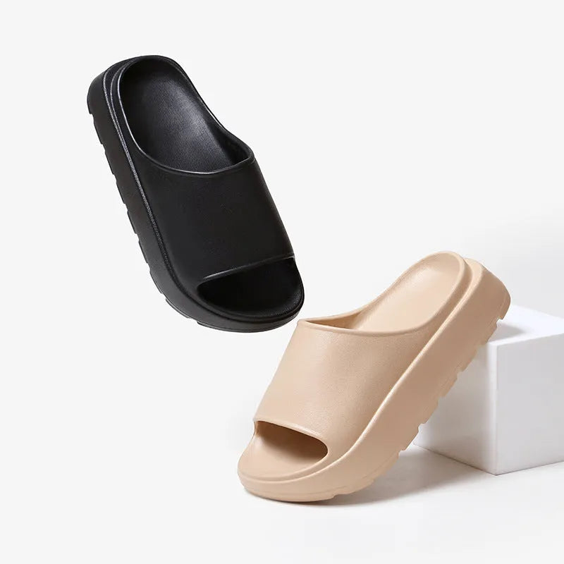 Women's thick sole beach slippers with fish mouth design in beige, black, khaki or rose red colours