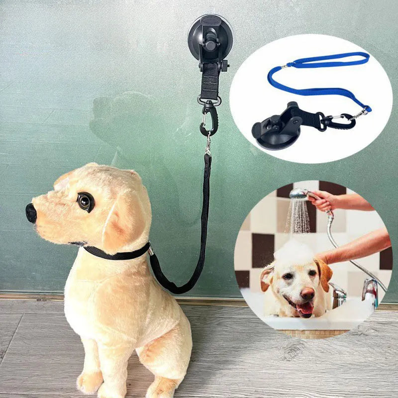 Pet bathing restraint set with suction cups, rope, and handcuffs in blue colour