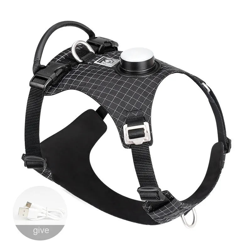 LED dog chest harness in light purple colour showing chest strap design and integrated light for nighttime visibility