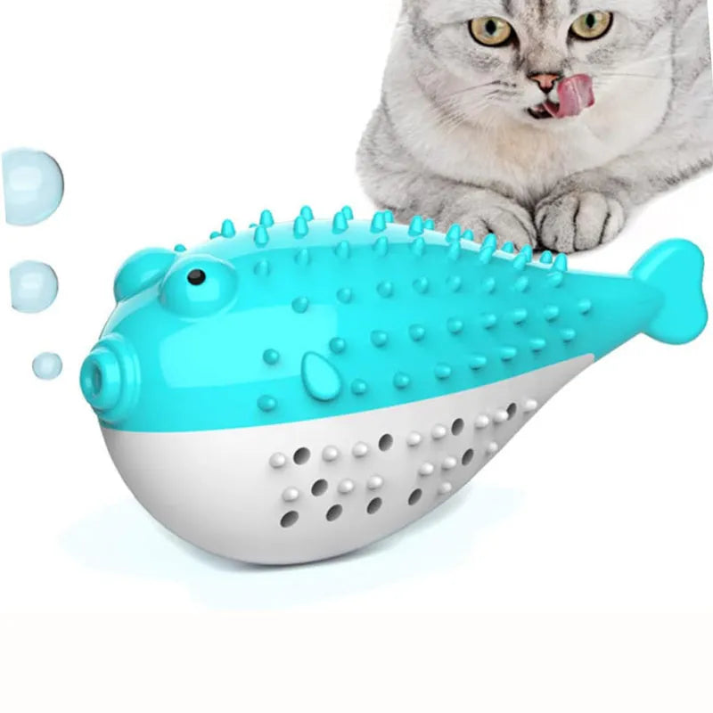 Blue silicone fish-shaped chew toy and teaser for cats on a white background.