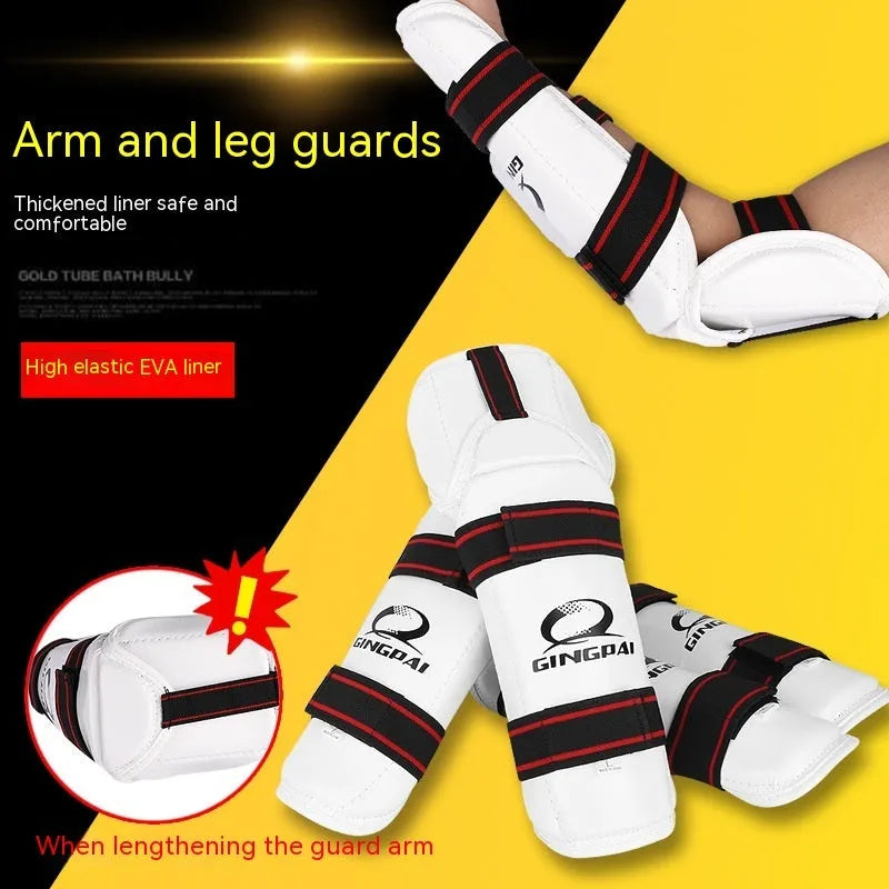 Taekwondo protective gear set showing leg protectors and arm guards in PU EVA foam material