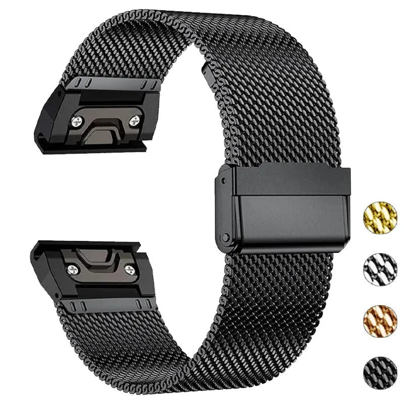 Stainless steel replacement watch strap for Garmin Fenix 7X 7Pro 6X 6 models in silver, black, gold, rose gold