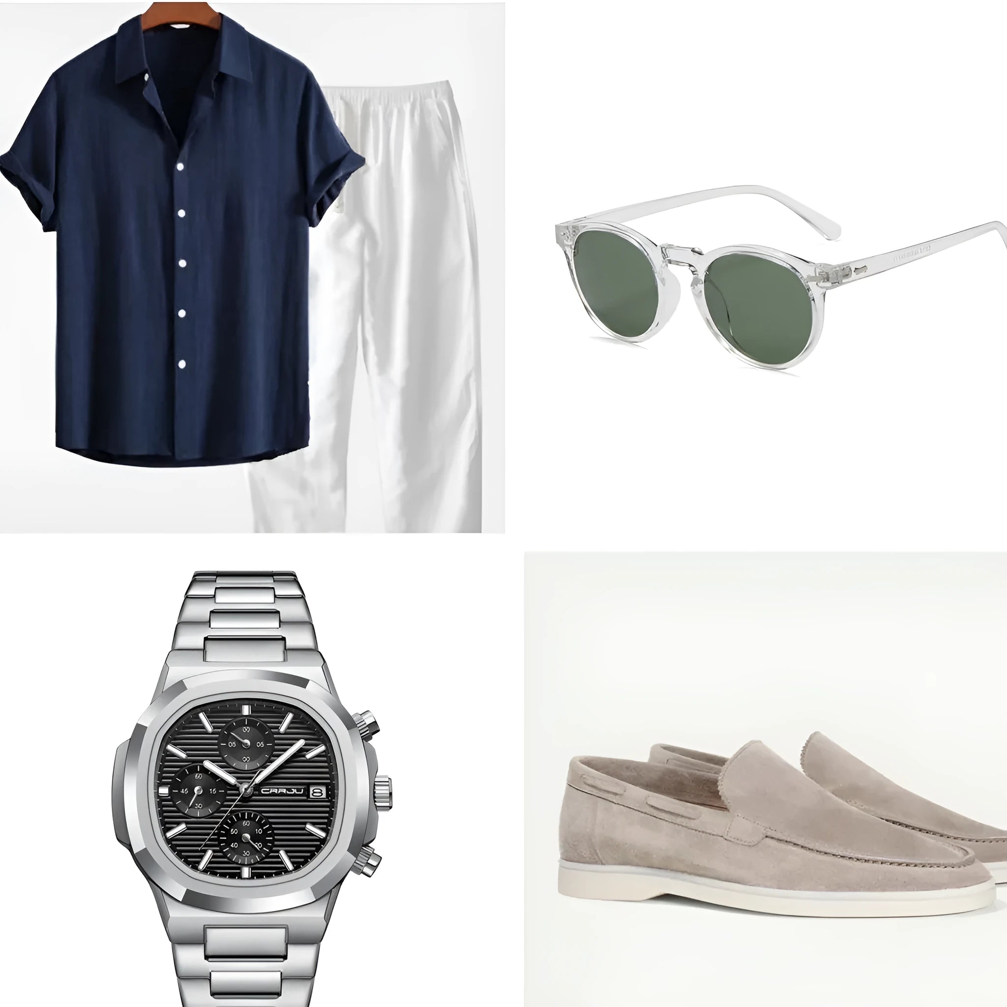 Casual cotton linen beachwear short sleeve suit in navy blue with half sleeves and full-length trousers