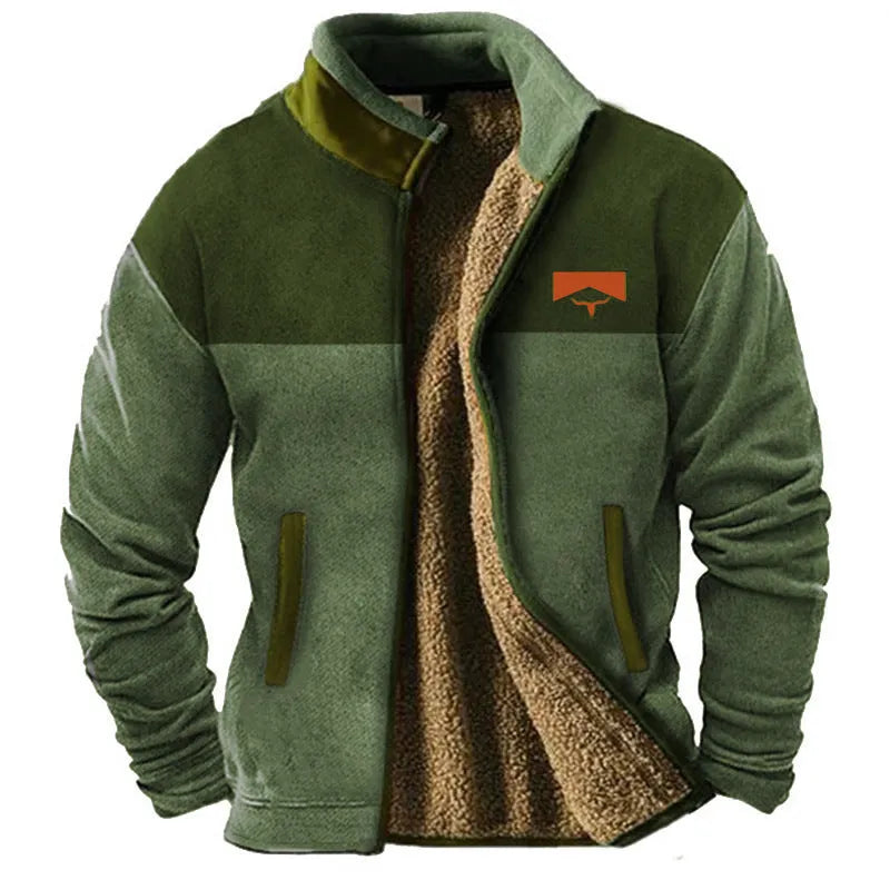 Men's green polyester padded coat with regular fit and fleece lining on a hanger.