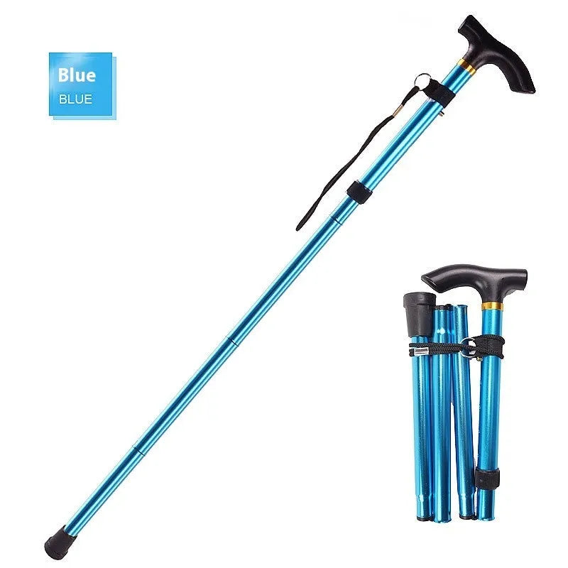 Aluminium folding walking stick extended to show height adjustment and non-slip rubber handle