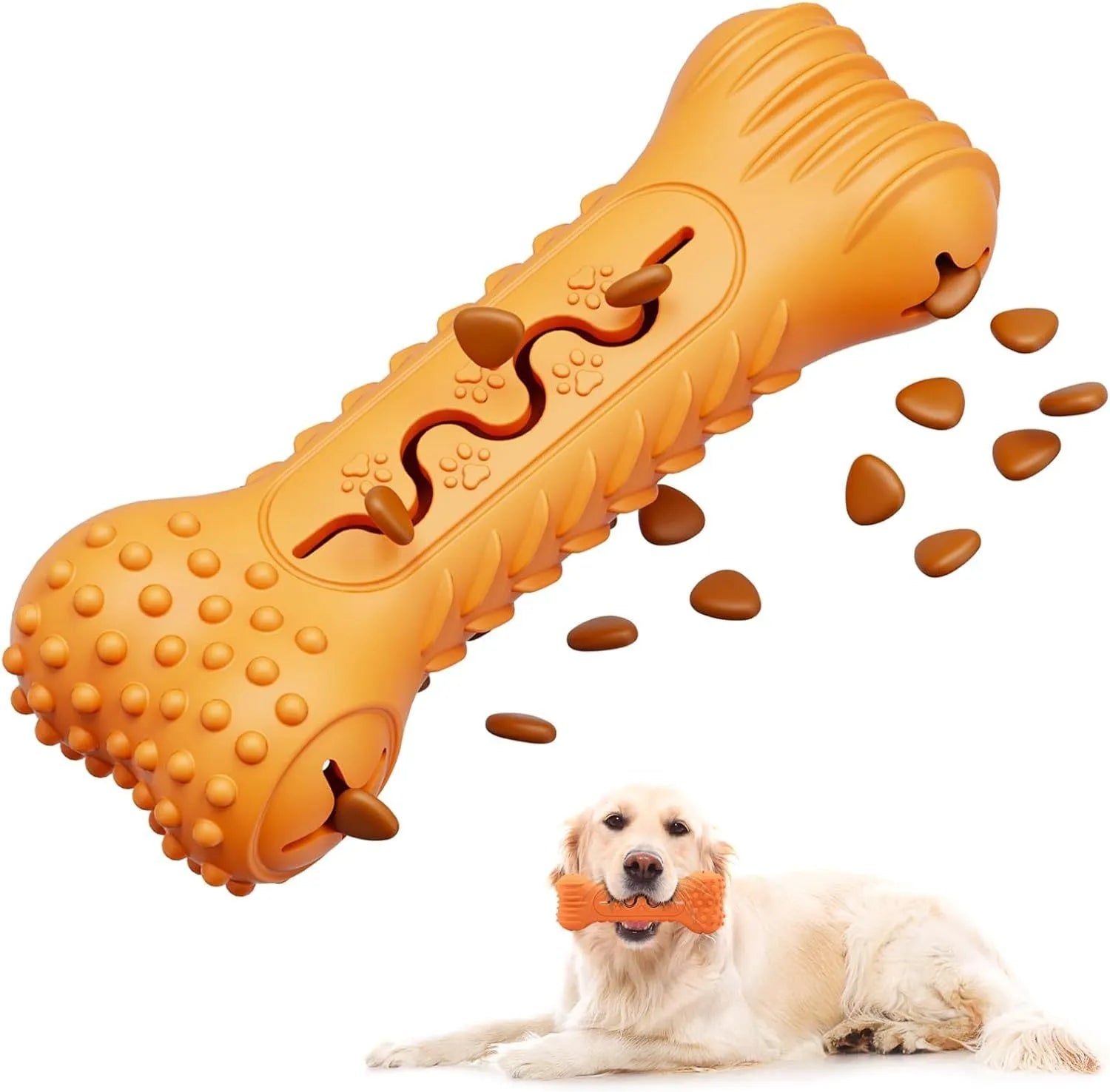 Natural rubber bone-shaped dog chew toy for aggressive chewers in blue, green and orange colours