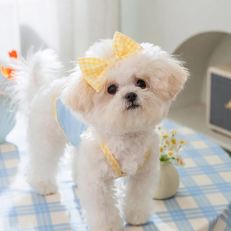 Small dog vest with heart relief texture bow suspenders in elastic polyester fabric