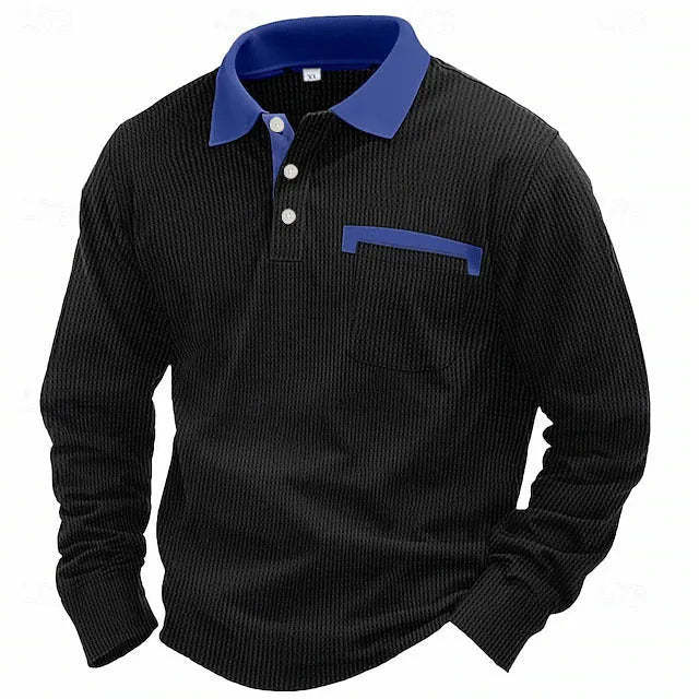 Man wearing a long-sleeved waffle knit polo shirt in a loose, retro style.
