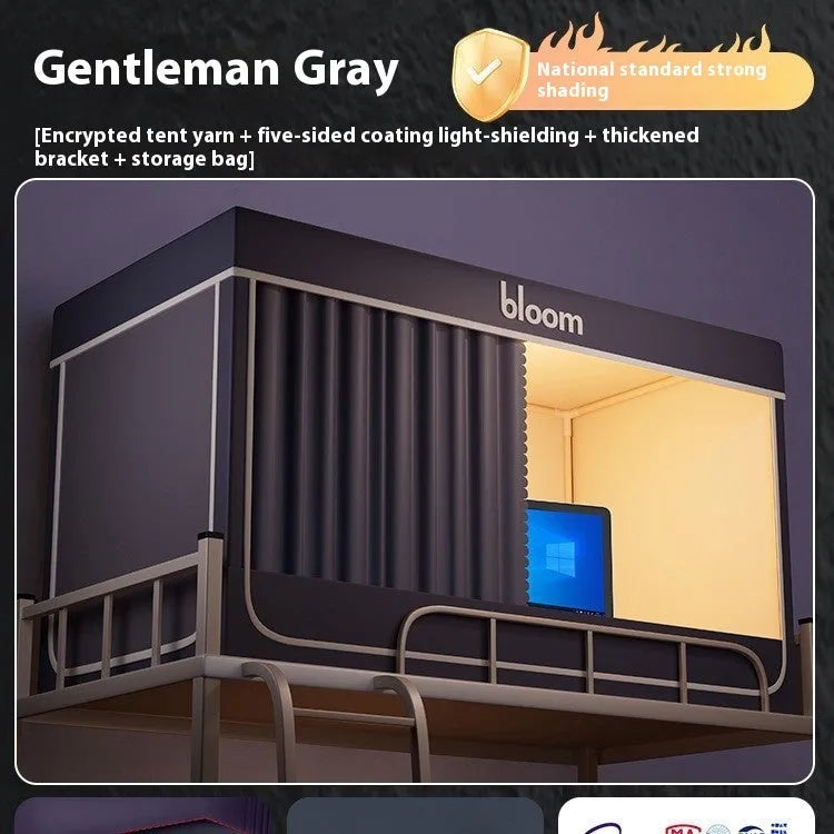 Gentleman grey bed curtain with integrated mosquito net for 0.9m beds showing wall-mounted bracket installation