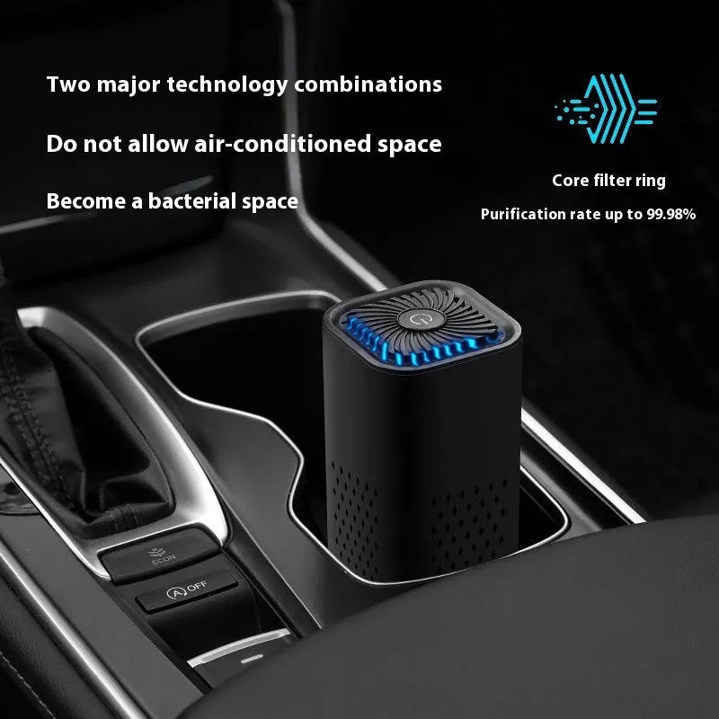 Mini USB car air purifier in black and white options for smoke and dust removal