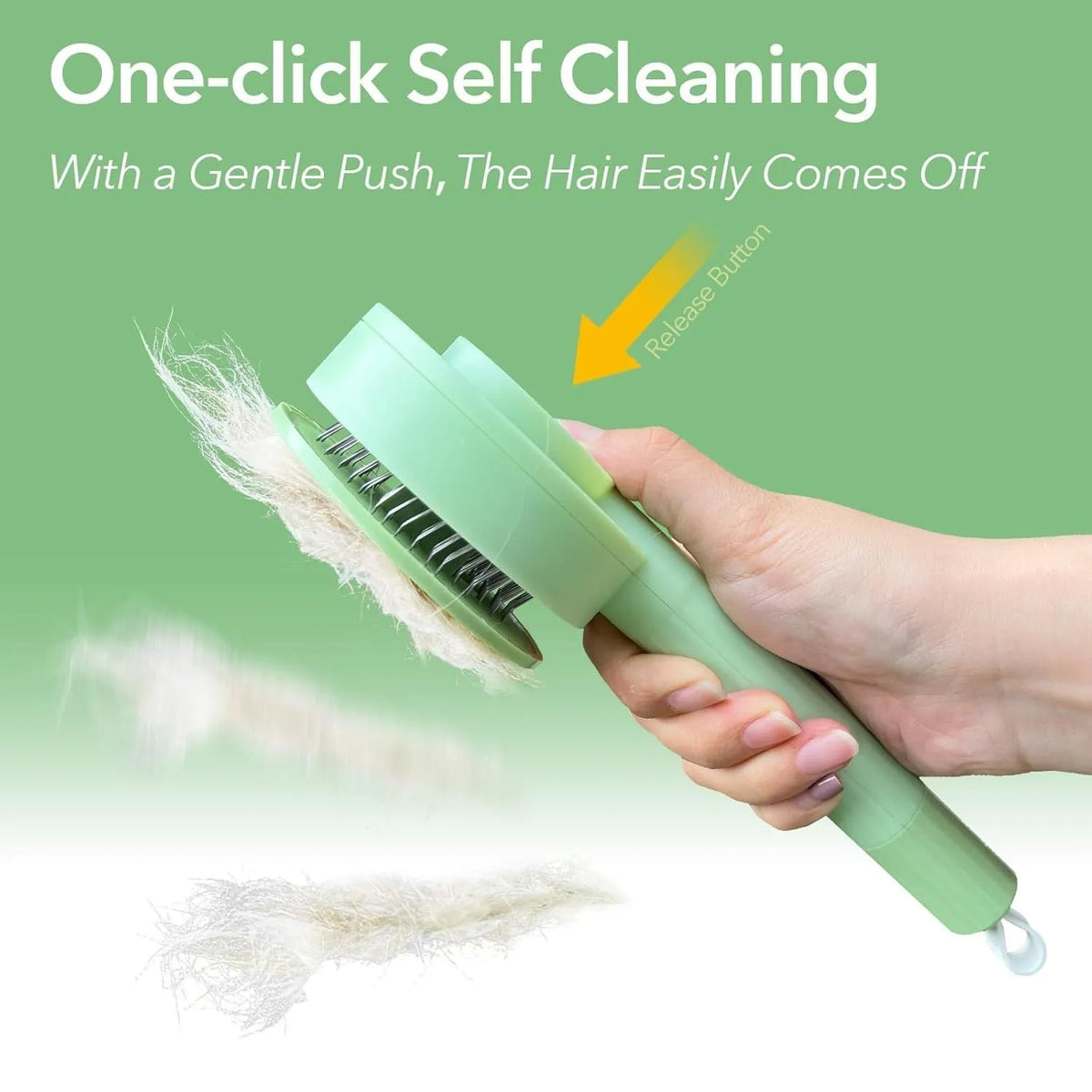 Green and yellow 2-in-1 pet grooming brush with stainless steel teeth and hanging loop