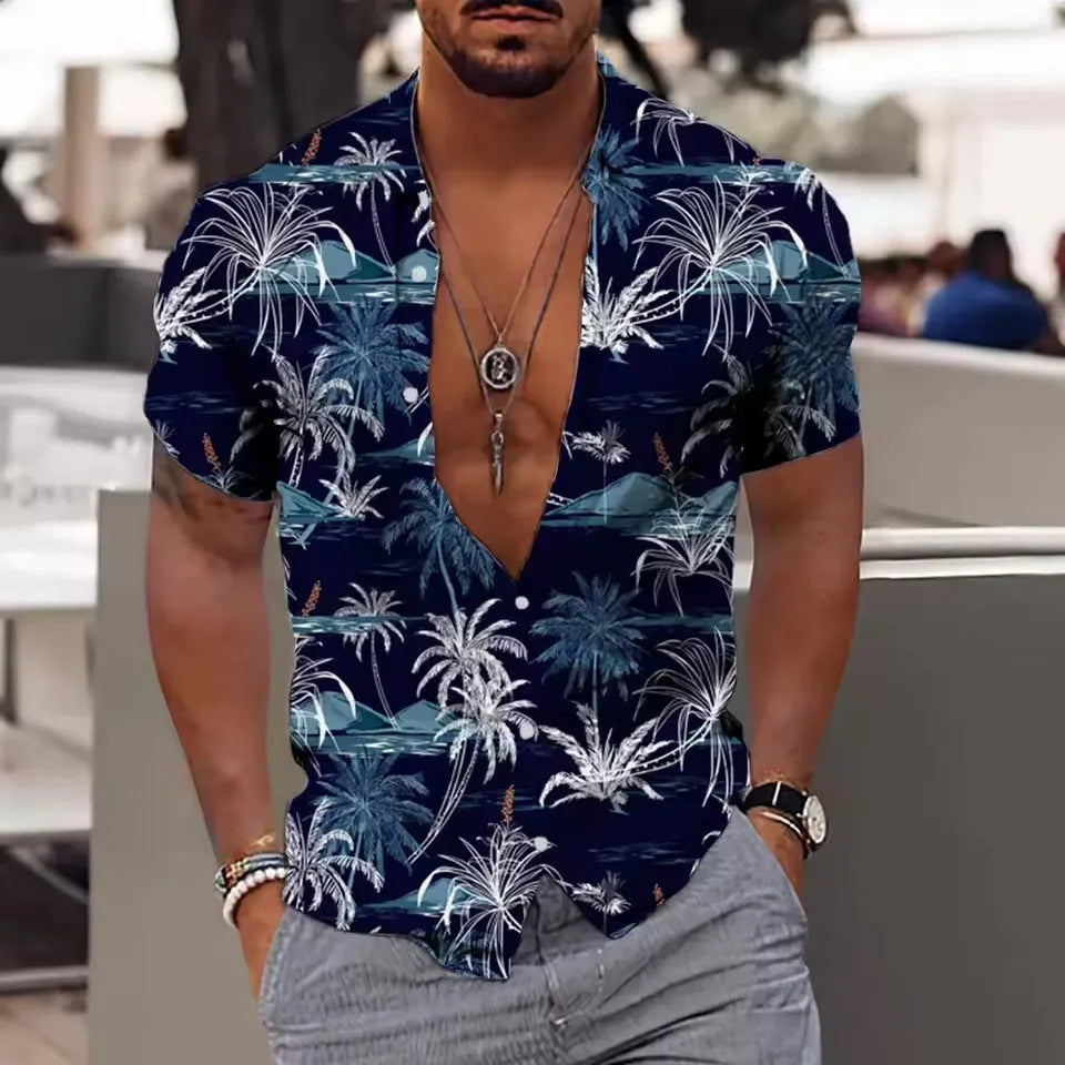 Men's floral print short sleeve shirt with loose cardigan fit in polyester fabric