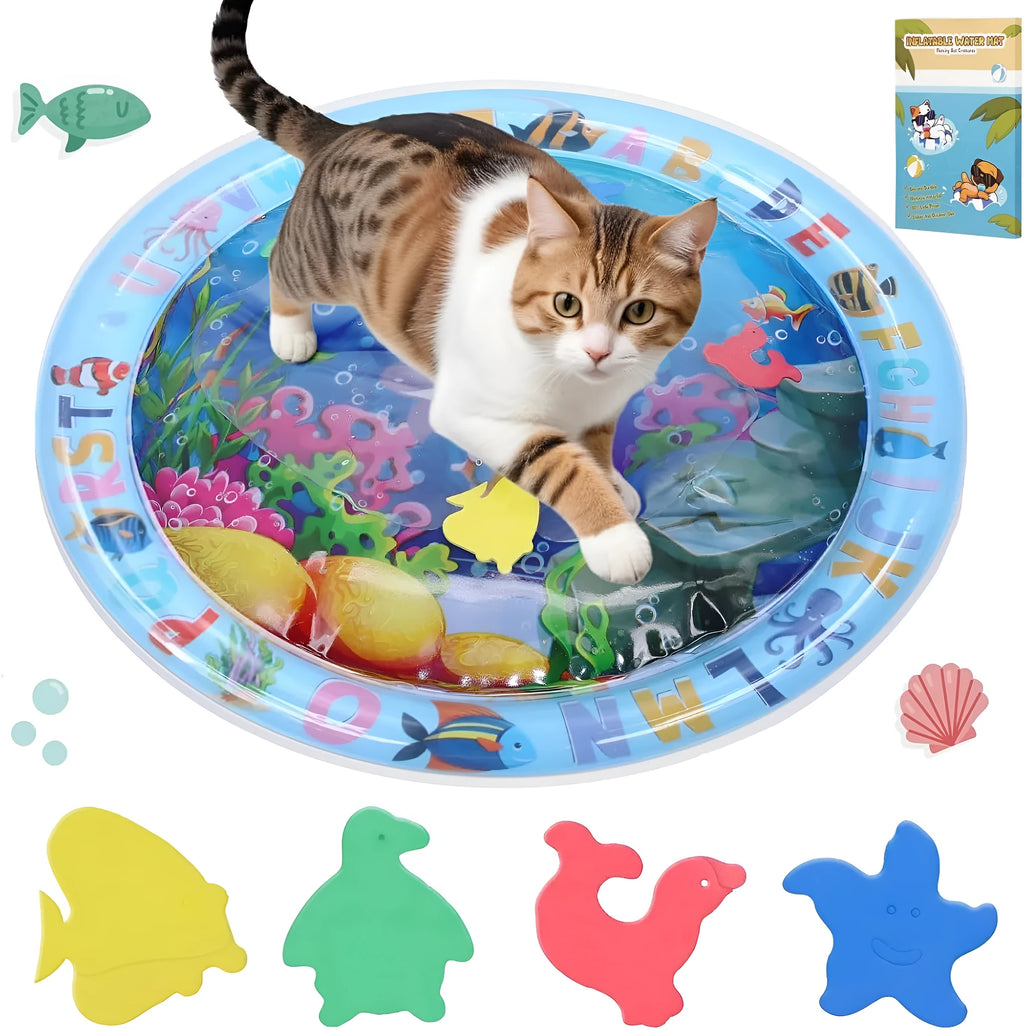Thickened PVC water sensory playmat for cats with ocean fish theme and floating toys