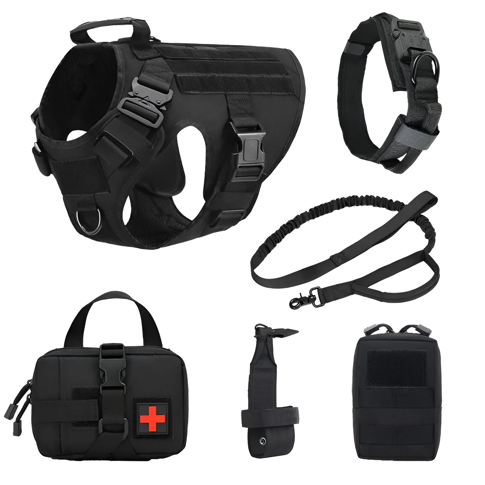 Dog wearing combat vest training gear with chain ring and rope components