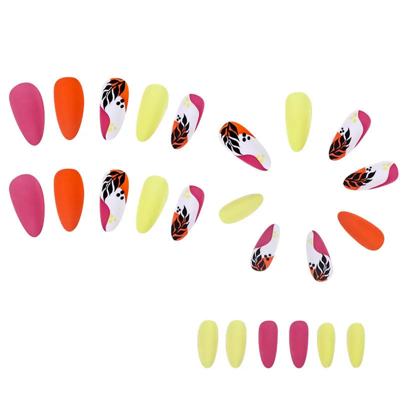 Four boxes of medium almond shaped frosted nail stickers with colourful tulip patterns including French leaves and leopard print designs