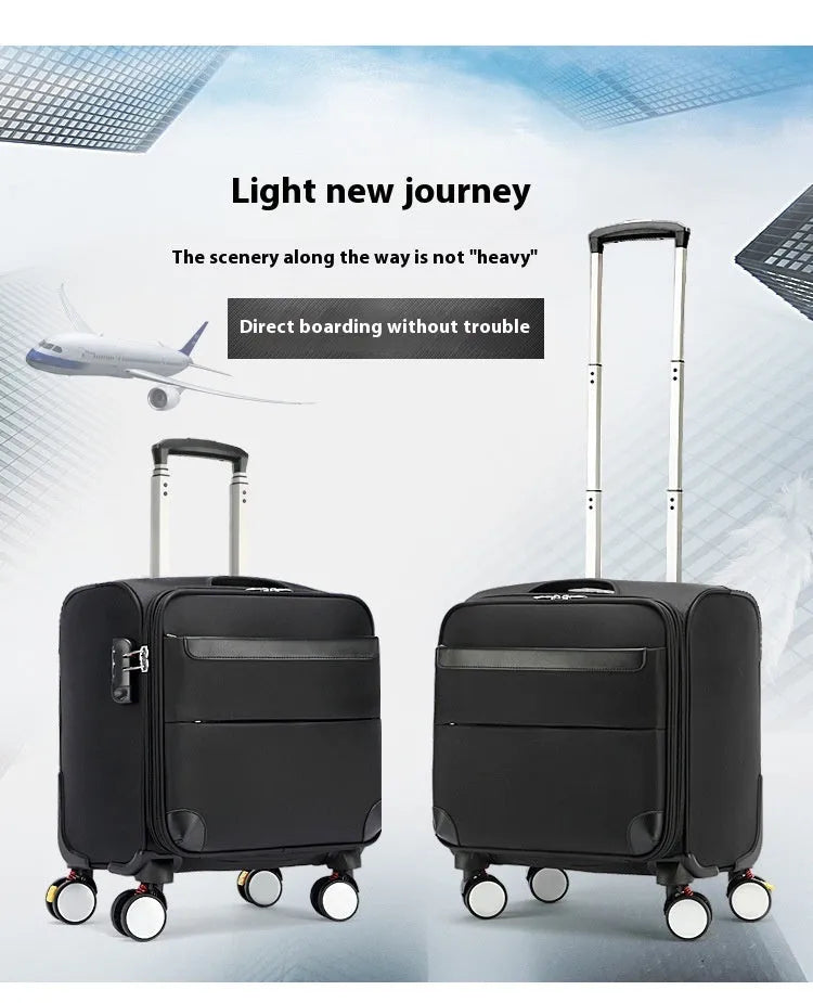Black 18-inch Oxford cloth cabin suitcase with telescopic handle and universal wheels.