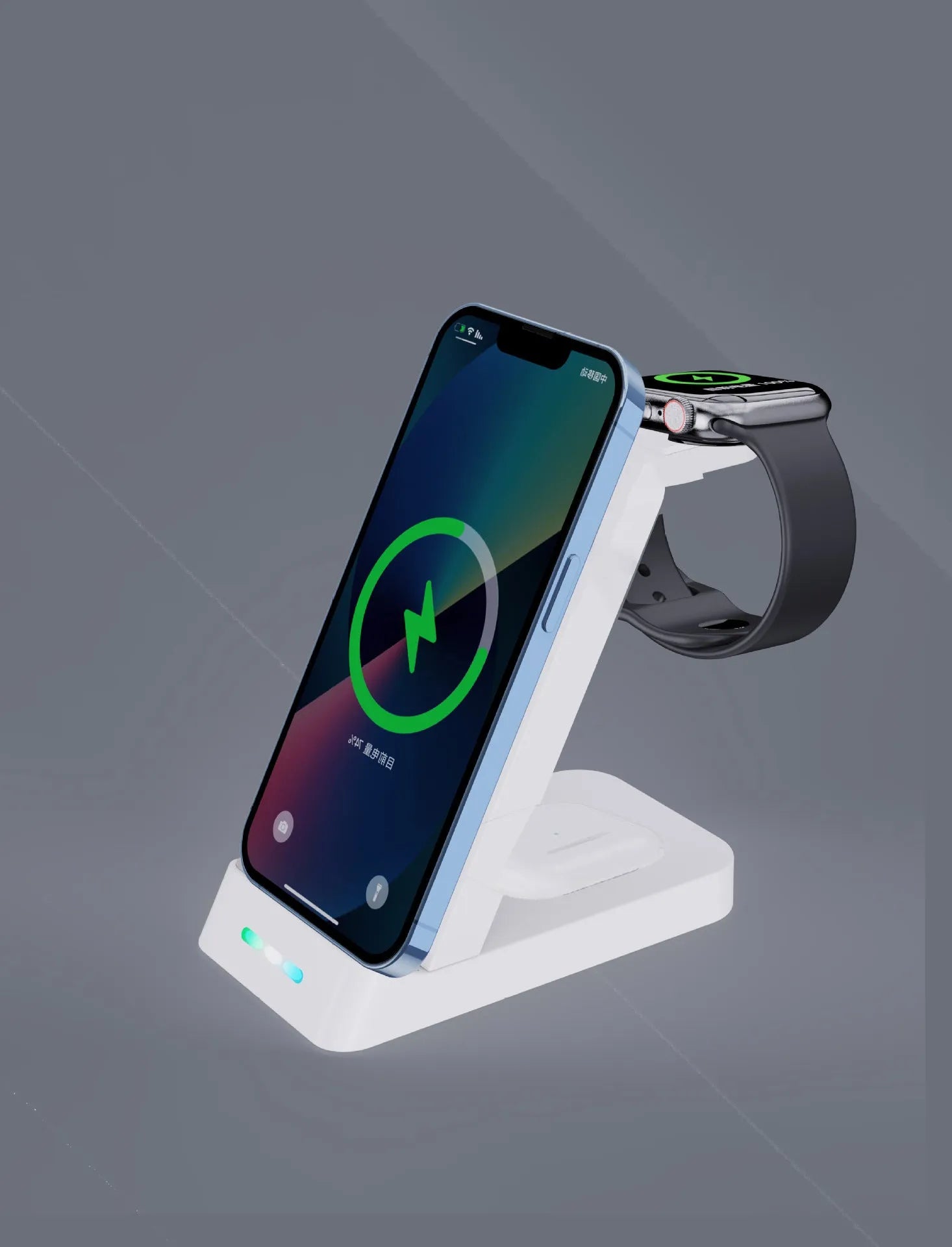 Black 3-in-1 wireless charging station showing phone on stand, AirPods case, and Apple Watch on their charging spots.