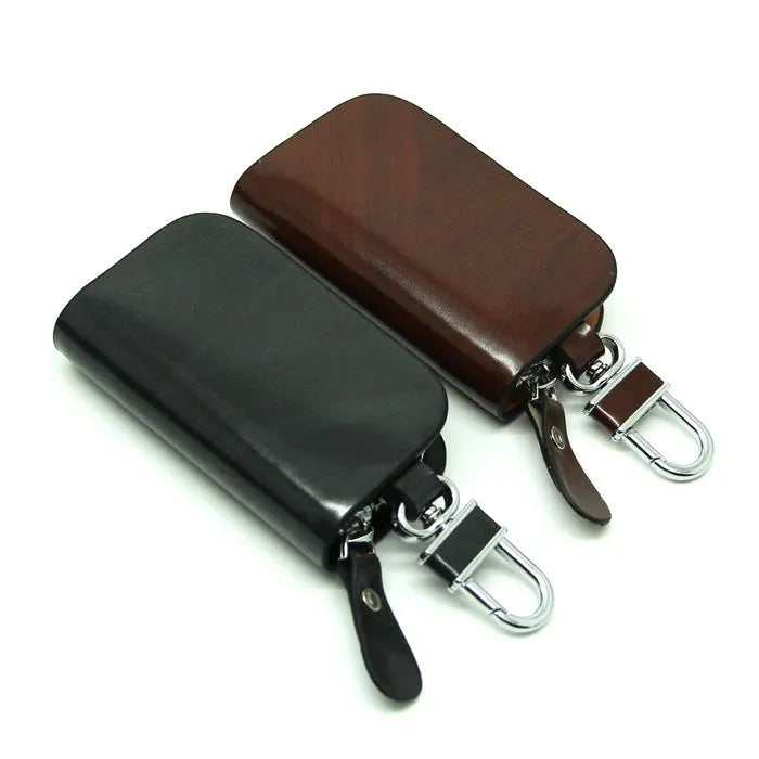 Genuine leather car key case with zipper closure in black or brown colour
