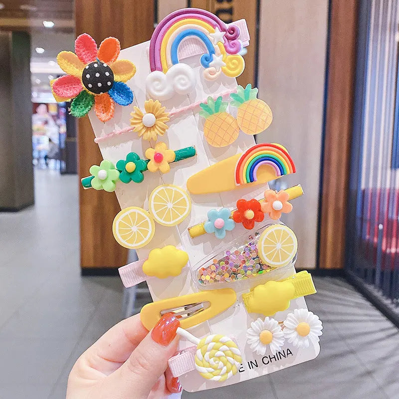 14 piece toddler hair accessories set with rainbow, candy fruit, and butterfly designs in bright colours