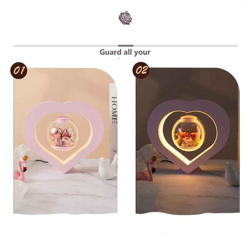Pink preserved rose ornament in a gift box with optional bluetooth base and international plugs