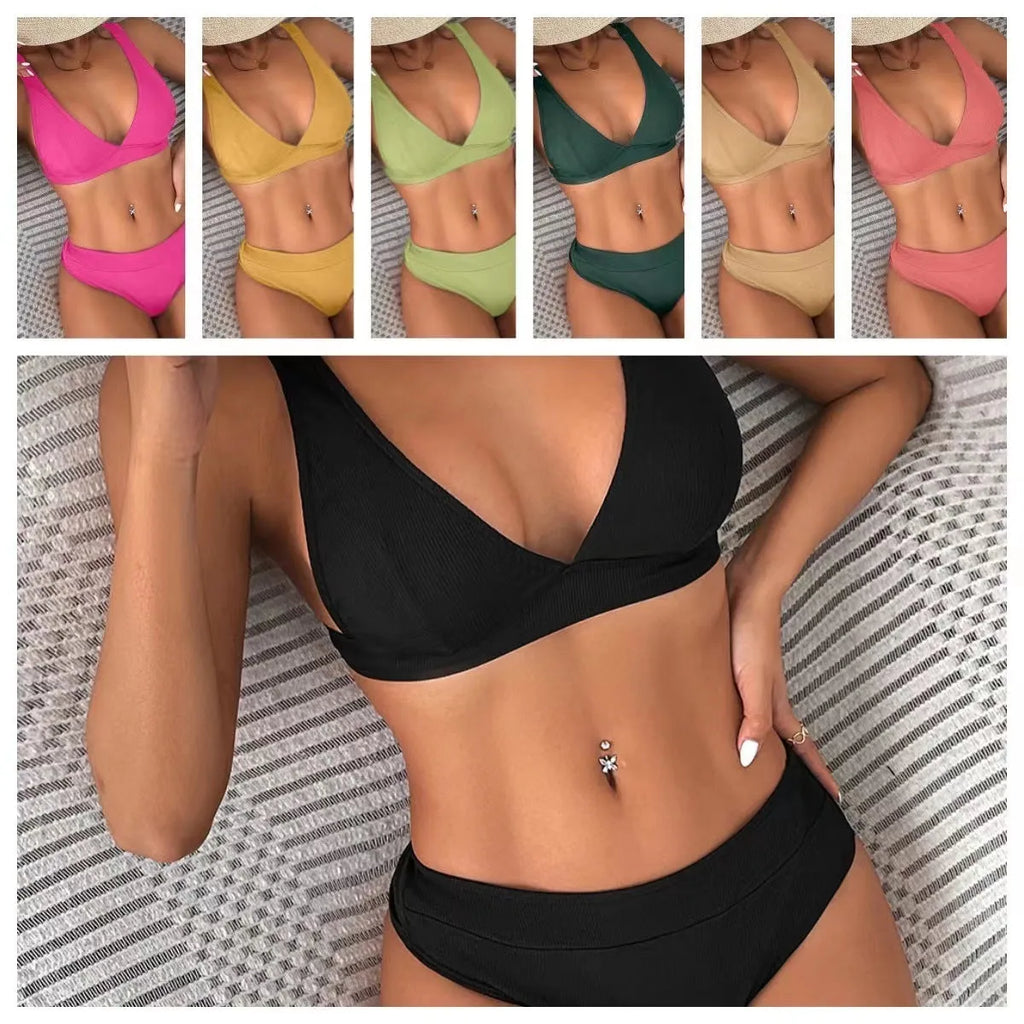 Women's lace-up front bikini swimwear set in high-waist split style