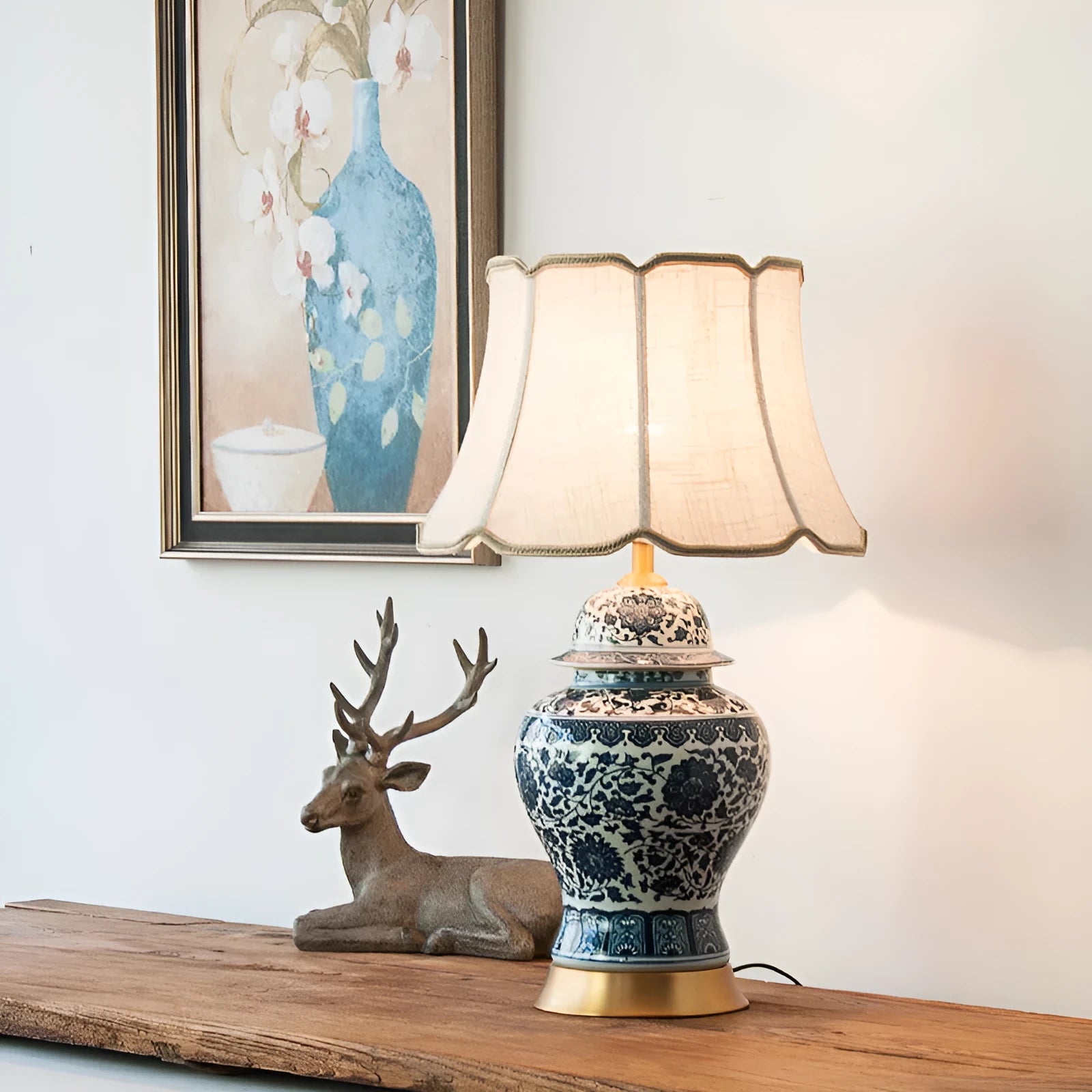 Chinese blue and white porcelain table lamp with handmade ceramic shade and copper base