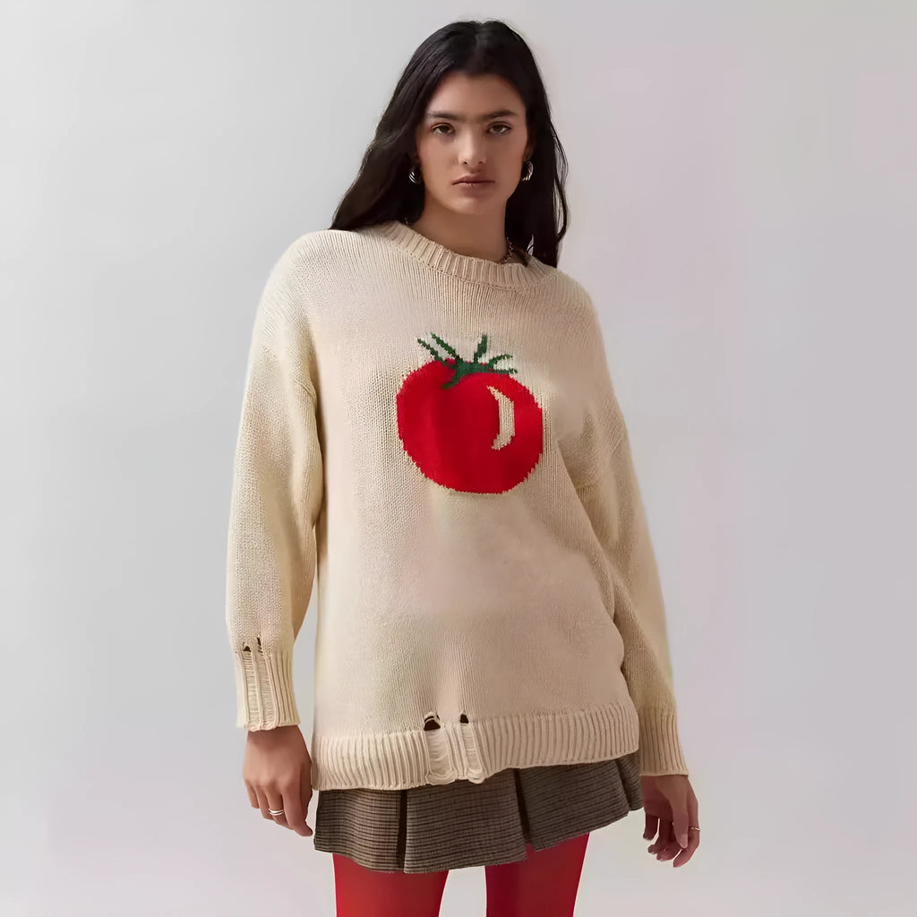 Women's loose-fitting jacquard knit acrylic sweater in milky white beige colour with round neck