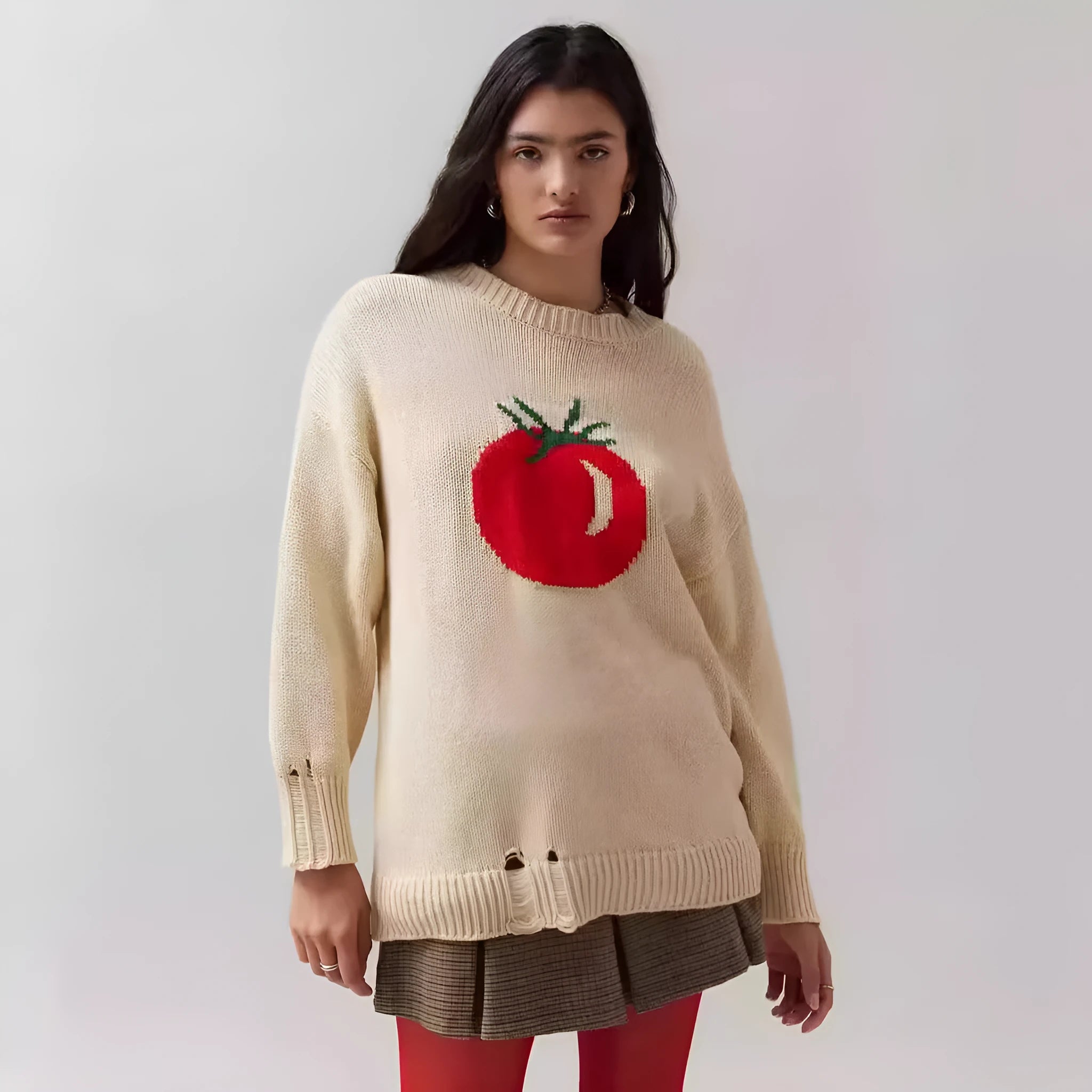Women's loose-fitting jacquard knit acrylic sweater in milky white beige colour with round neck