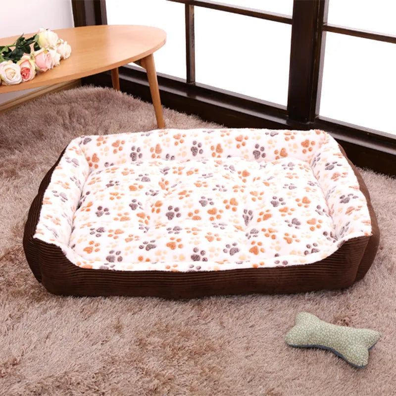 Beige plush dog bed with raised sides shown on a wooden floor.